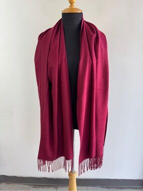 Cashmere  Elegant Fringe Wrap Scarf in Burgundy One Size Quiet Luxury Minimalist